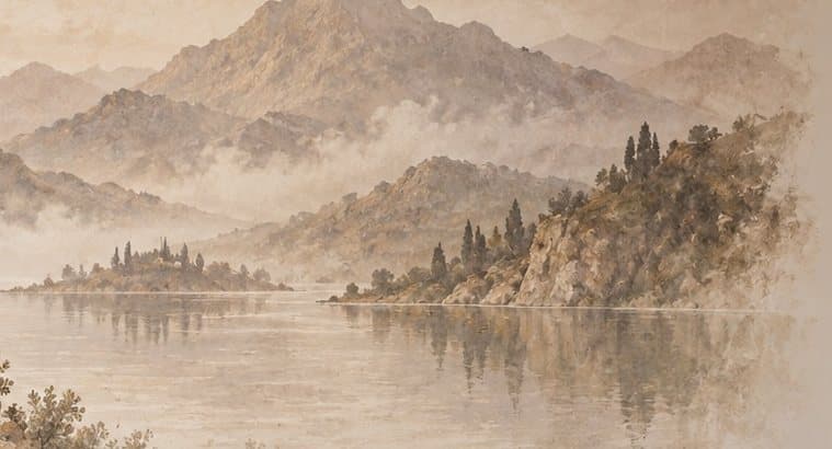 Detail: bergen en eilandje in het meer