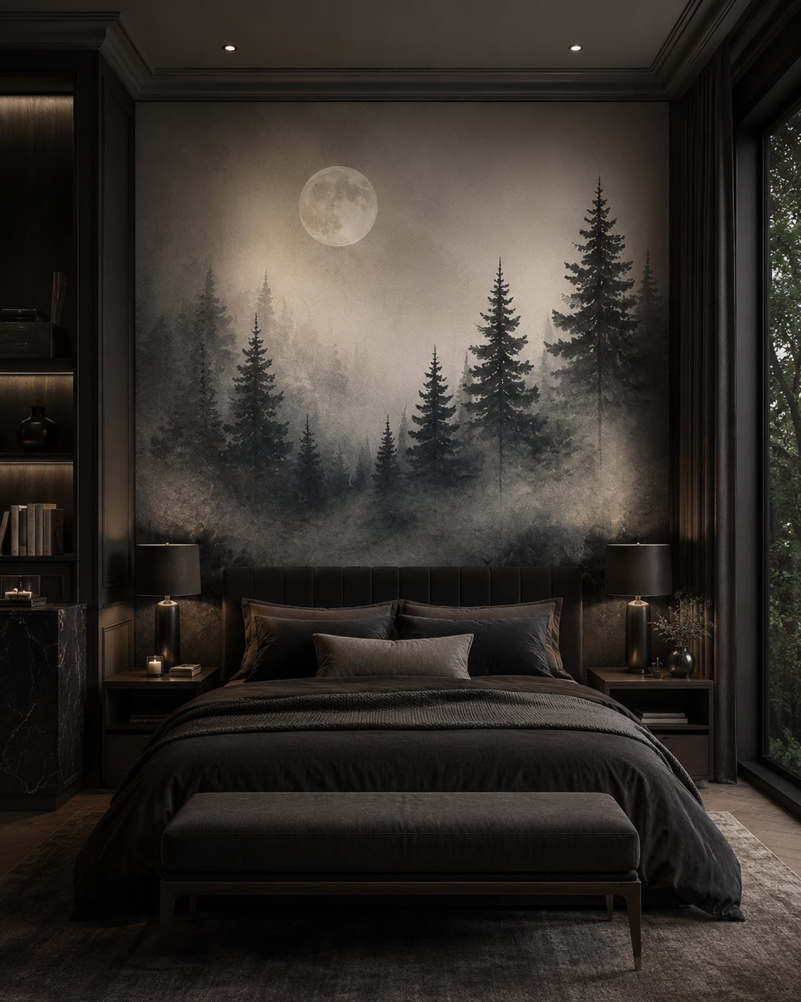 Donker, mistig bos achter een bed