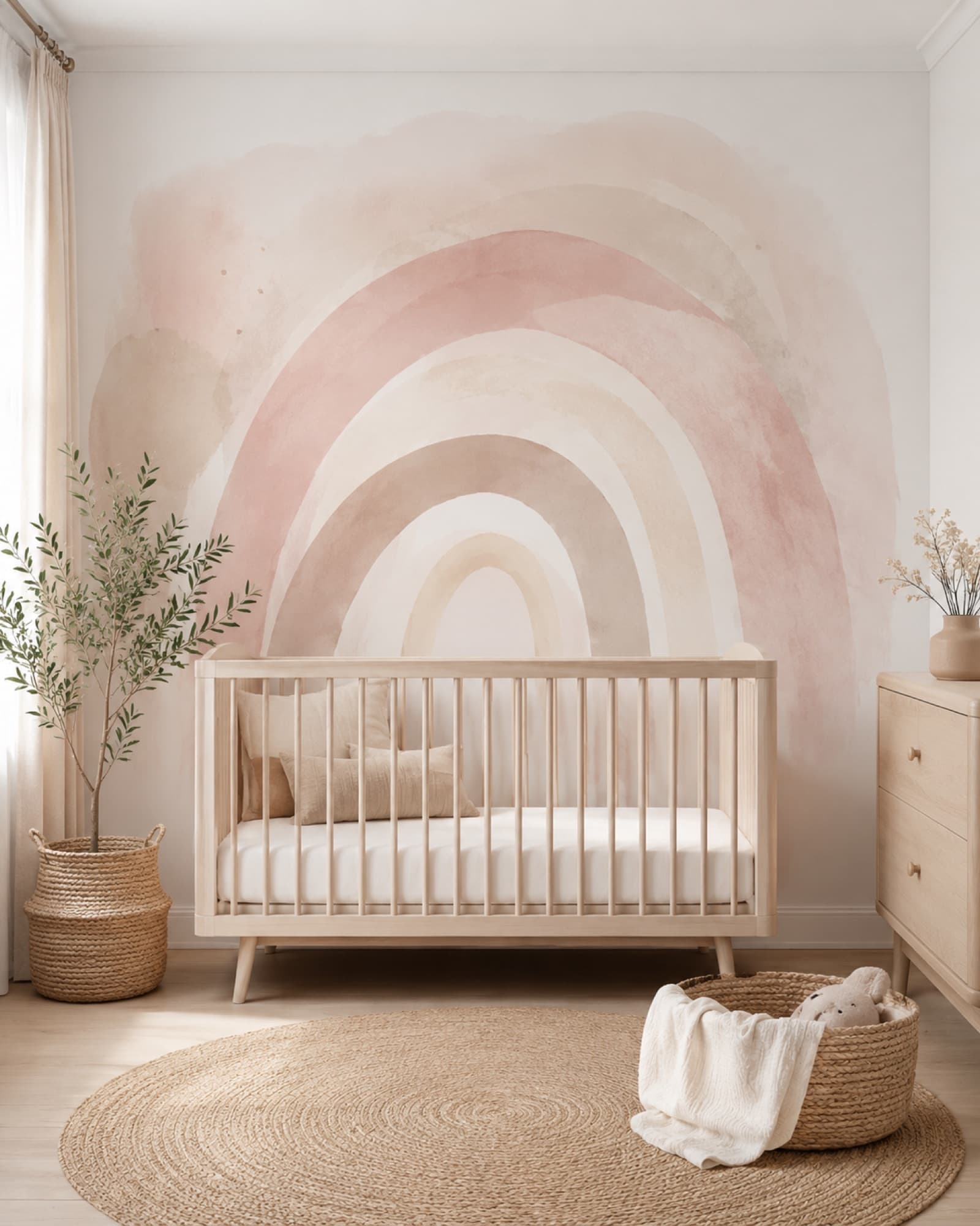 Zachte regenboog in poederkleuren in een kinderkamer