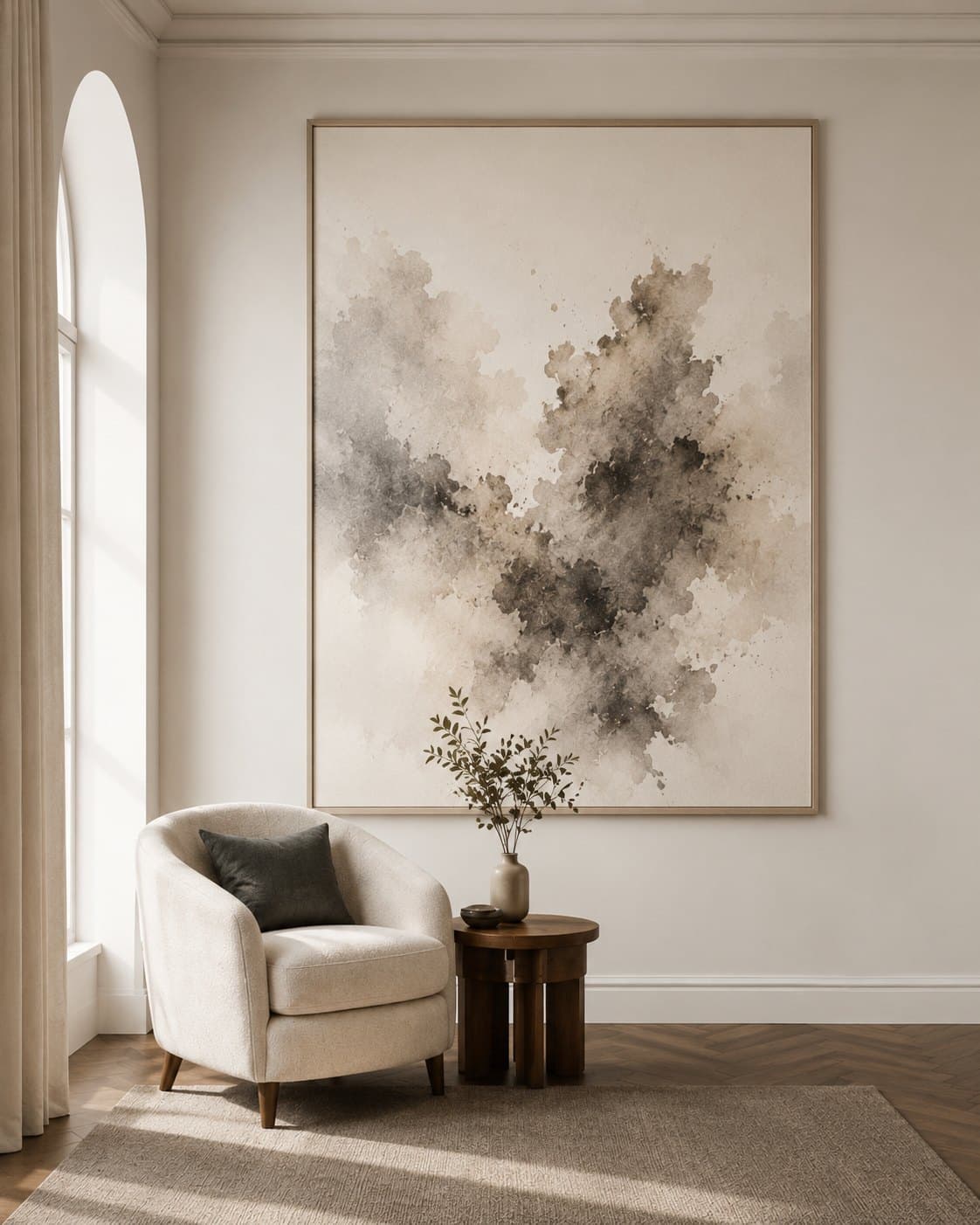 Groot abstract aquarelwerk in grijs en zand boven een fauteuil