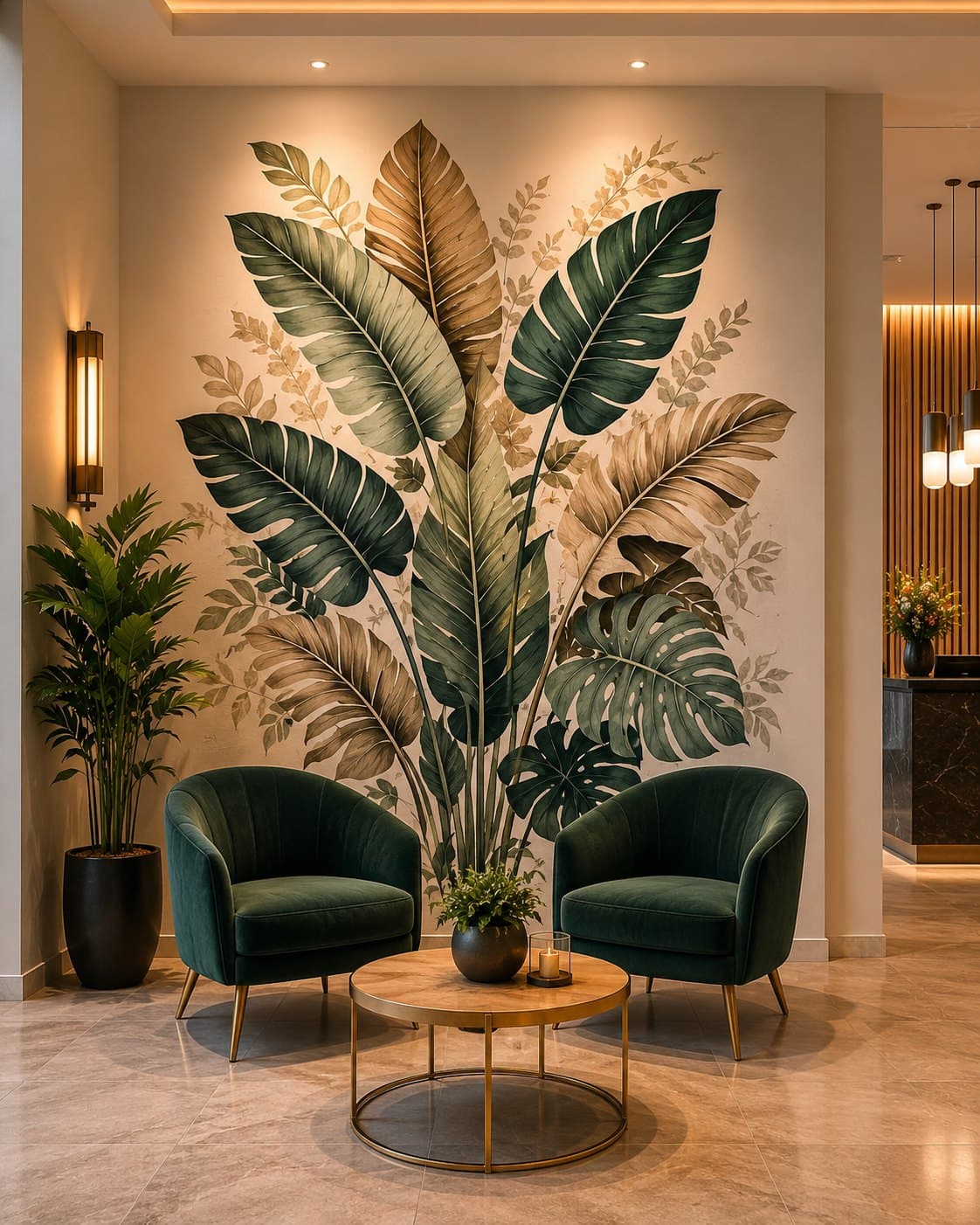 Grote tropische bladeren in groen en goud achter twee fauteuils in een hotellobby