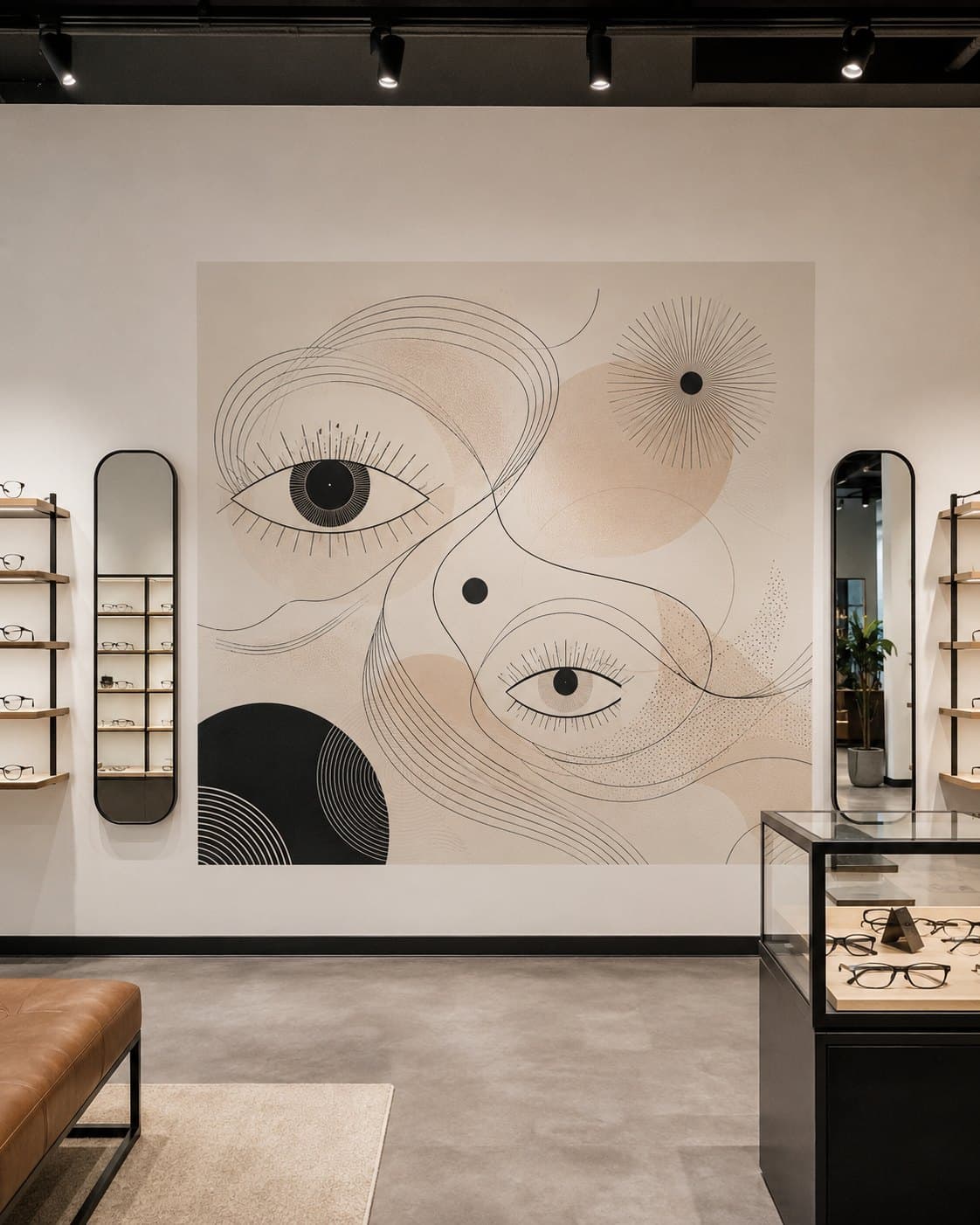 Lijntekening met ogen en cirkels op de wand van een brillenwinkel