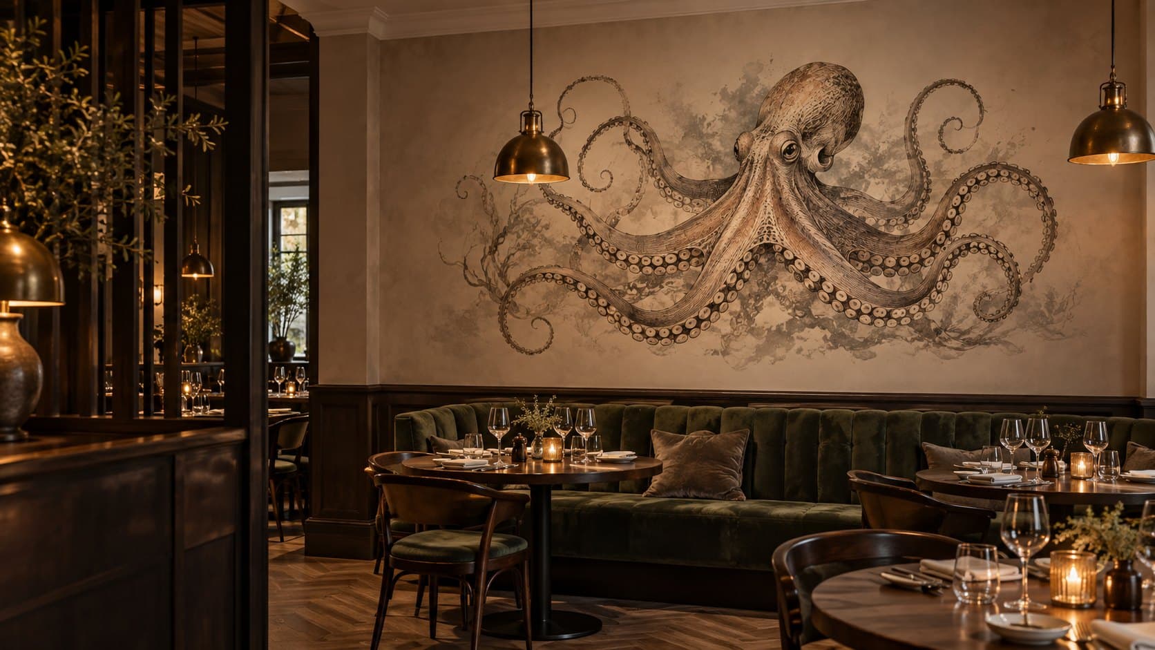 Octopus in vintage gravurestijl boven de banken van een restaurant