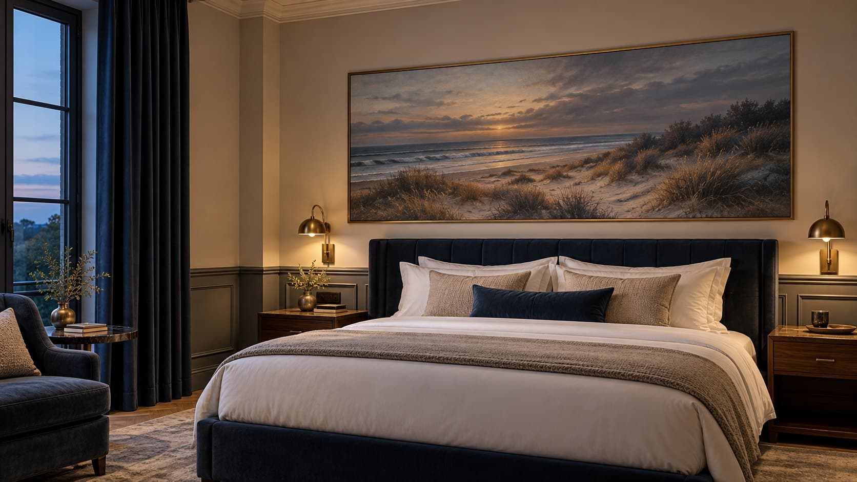 Kustlandschap bij zonsondergang boven een hotelbed